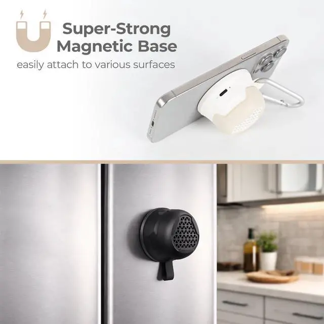 Alt view image 6 of 7 - MagTek Powerful Compact Bluetooth Wireless Speaker with Magnetic Mounting Base Connects to Back of Phone or Steel Surface and Carabiner Clip in Black