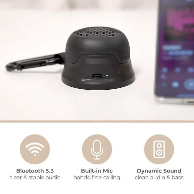 Alt view image 7 of 7 - MagTek Powerful Compact Bluetooth Wireless Speaker with Magnetic Mounting Base Connects to Back of Phone or Steel Surface and Carabiner Clip in Black