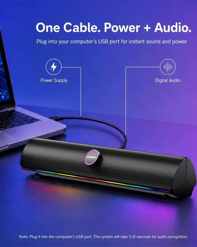 Alt view image 3 of 7 - Computer Speakers for Desktop PC, Bluetooth 5.4 Sound Bar with Bass Boost, RGB Light Modes & Touch Buttons HiFi Stereo USB Speakers for Gaming, Movies, Music, and Home Office