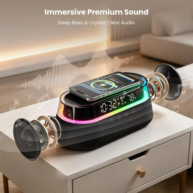 Alt view image 4 of 7 - 6-in-1 Fast Wireless Charger, Bluetooth Speaker Alarm Clock with Remote