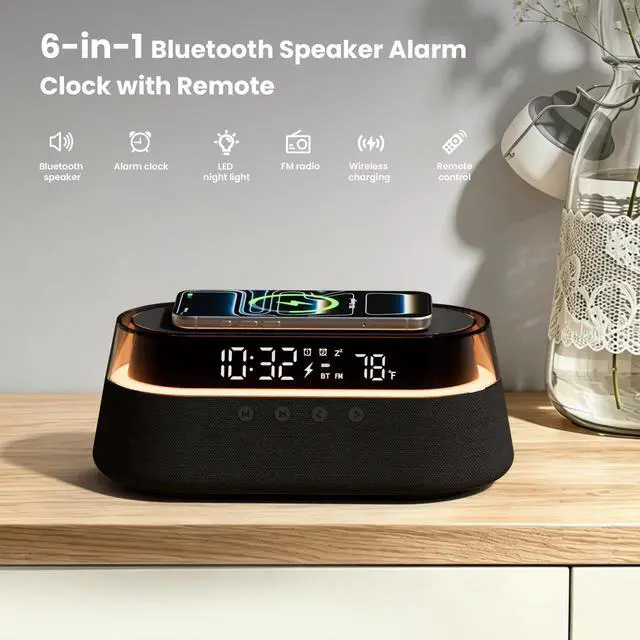 Alt view image 3 of 7 - 6-in-1 Fast Wireless Charger, Bluetooth Speaker Alarm Clock with Remote