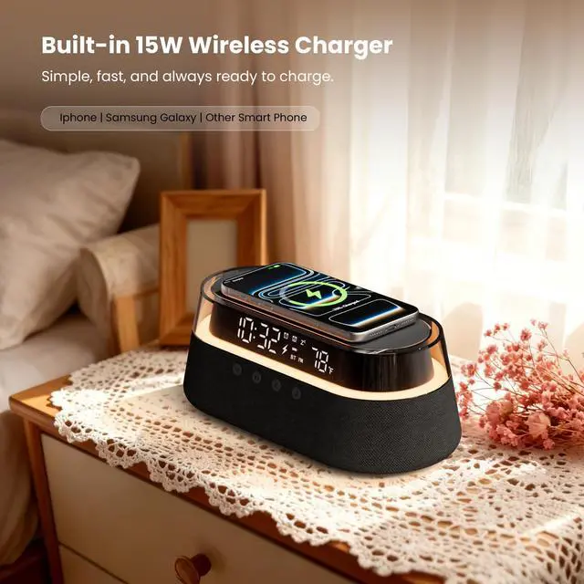 Alt view image 6 of 7 - 6-in-1 Fast Wireless Charger, Bluetooth Speaker Alarm Clock with Remote
