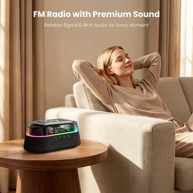Alt view image 5 of 7 - 6-in-1 Fast Wireless Charger, Bluetooth Speaker Alarm Clock with Remote