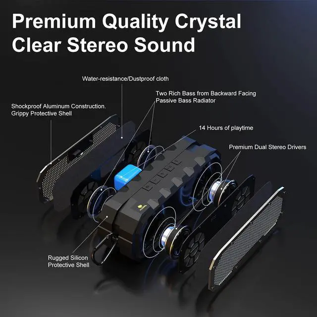 Alt view image 2 of 7 - W-200BT Portable Bluetooth Speaker, 10W Rugged Wireless Speaker with Built-in Mic, IPX5 Water Resistant Speaker with AUX/USB for Shower, Camping, Garage & Travel Black