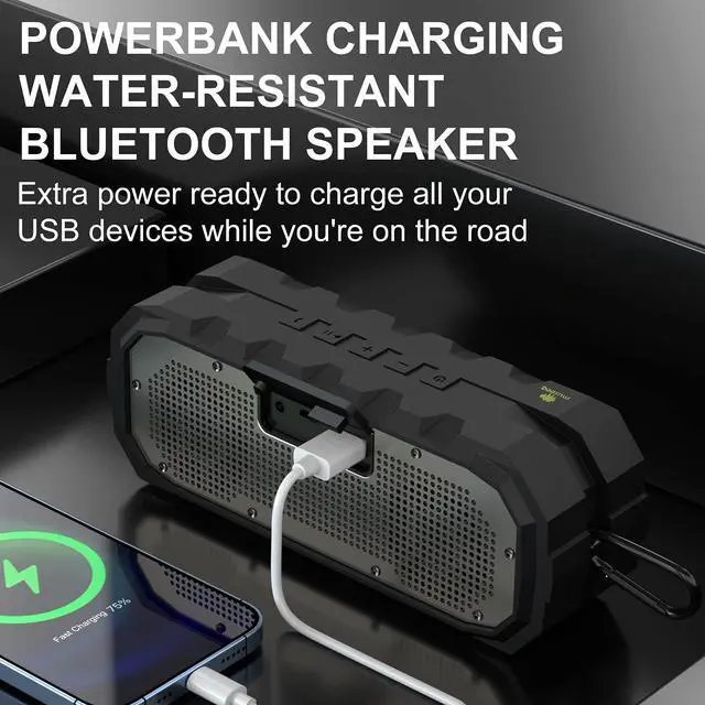 Alt view image 3 of 7 - W-200BT Portable Bluetooth Speaker, 10W Rugged Wireless Speaker with Built-in Mic, IPX5 Water Resistant Speaker with AUX/USB for Shower, Camping, Garage & Travel Black