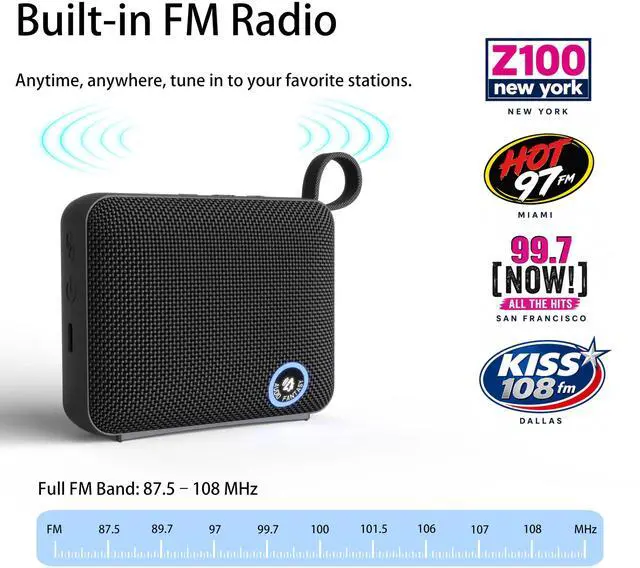 Alt view image 2 of 7 - FM Radio Portable Bluetooth Speaker, Outdoor Mini Speaker,Built-in N45 High-Magnetic Speaker, IP68 Waterproof & Dustproof,Lightweight,5 Hours Playtime, TWS Pairing,Bluetooth 5.3 (Classic, Black)