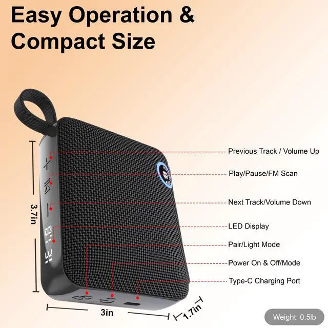 Alt view image 4 of 7 - FM Radio Portable Bluetooth Speaker, Outdoor Mini Speaker,Built-in N45 High-Magnetic Speaker, IP68 Waterproof & Dustproof,Lightweight,5 Hours Playtime, TWS Pairing,Bluetooth 5.3 (Classic, Black)