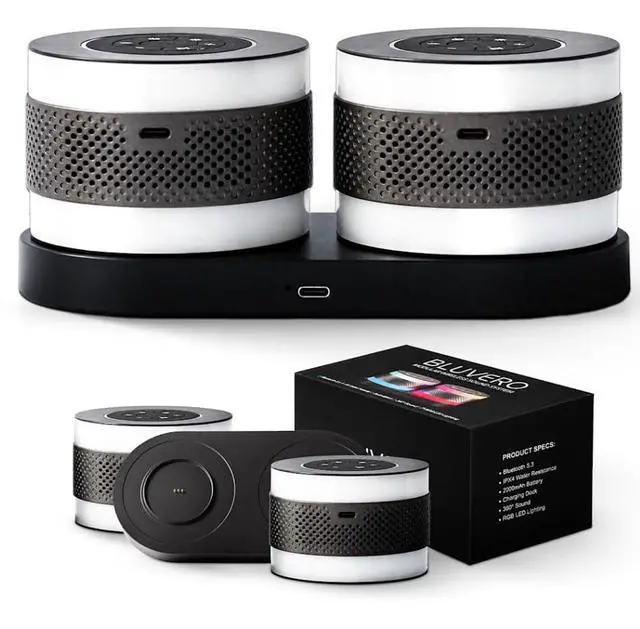 Alt view image 7 of 7 - Core Duo Bluetooth Speaker System, Magnetic Modular Portable Speaker, RGB LED Ring Lights, USB-C Charging Dock, Expandable Multi-Speaker Audio
