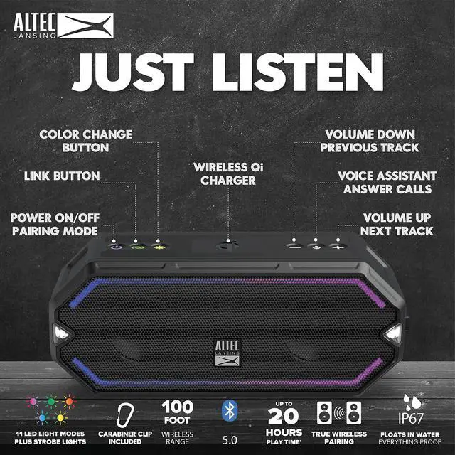 Alt view image 3 of 7 - HydraBlast Wireless Portable Bluetooth Speaker, IP67 Waterproof for Parties, USB C Rechargeable Outdoor Speakers with Built in Phone Charger and LED Lights, 20 Hour Playtime