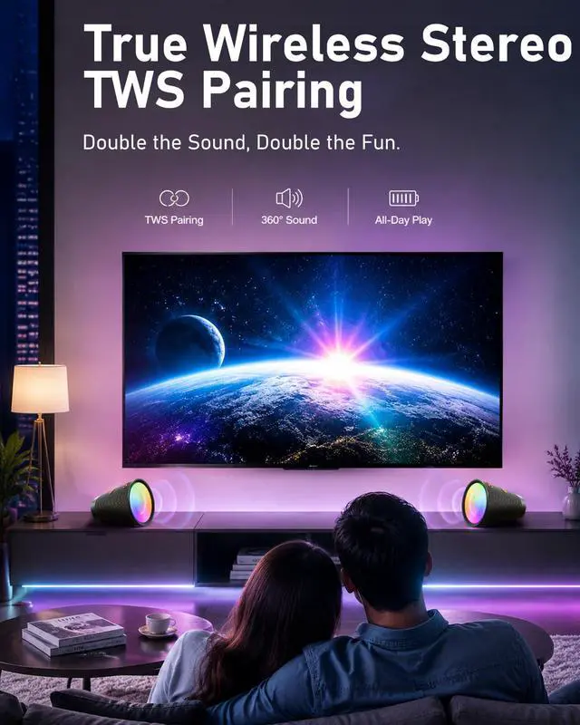 Alt view image 5 of 7 - Portable Bluetooth Speaker Wireless with 9 Color Lights, 20H Playtime, Stereo Pairing, Deep Bass, IPX6 Waterproof, Bluetooth 5.3, Small Speaker for Home, Party, Outdoor, Camping, Beach, Gift