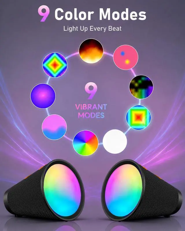 Alt view image 3 of 7 - Portable Bluetooth Speaker Wireless with 9 Color Lights, 20H Playtime, Stereo Pairing, Deep Bass, IPX6 Waterproof, Bluetooth 5.3, Small Speaker for Home, Party, Outdoor, Camping, Beach, Gift