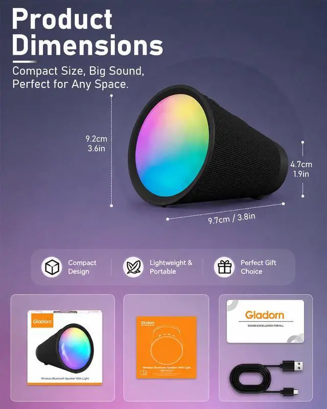 Alt view image 7 of 7 - Portable Bluetooth Speaker Wireless with 9 Color Lights, 20H Playtime, Stereo Pairing, Deep Bass, IPX6 Waterproof, Bluetooth 5.3, Small Speaker for Home, Party, Outdoor, Camping, Beach, Gift
