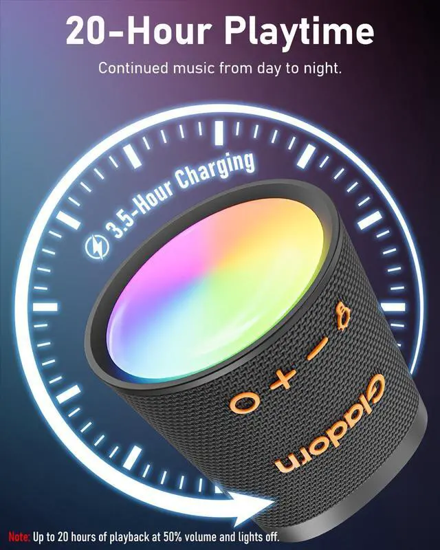 Alt view image 6 of 7 - Portable Bluetooth Speaker Wireless with 9 Color Lights, 20H Playtime, Stereo Pairing, Deep Bass, IPX6 Waterproof, Bluetooth 5.3, Small Speaker for Home, Party, Outdoor, Camping, Beach, Gift