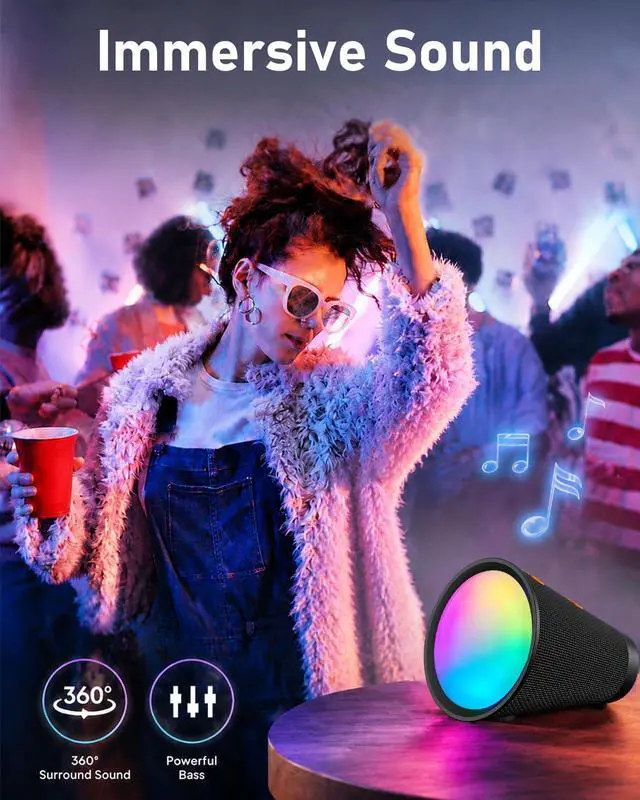 Alt view image 2 of 7 - Portable Bluetooth Speaker Wireless with 9 Color Lights, 20H Playtime, Stereo Pairing, Deep Bass, IPX6 Waterproof, Bluetooth 5.3, Small Speaker for Home, Party, Outdoor, Camping, Beach, Gift