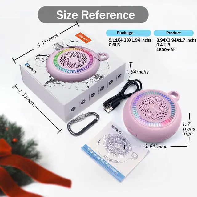 Alt view image 7 of 7 - Small Waterproof Speaker Bluetooth Portable Wireless - Clip Speaker for Shower - Powerful Bass and Louder Volume - Colorful Lights and Lightweight for Travel,Kitchen,Pool - Pink