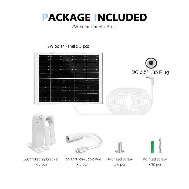 Alt view image 2 of 5 - 3 Pack 8W Solar Panel Charger Compatible with Ring Solar Panel (2nd Generation), Ring Outdoor Camera Plus,Outdoor Cam (Stick Up Cam), Stick Up Cam Pro, Spotlight Cam Plus, Spotlight Cam Pro 10FT Cable