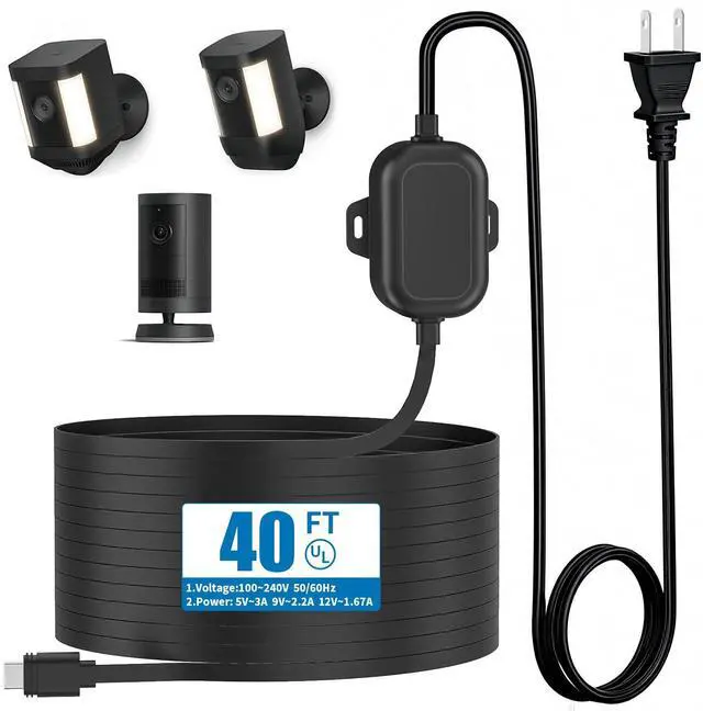 Main image of Weatherproof Power Cord for Ring Outdoor Cam Plus/Ring Spotlight Cam Plus/Pro (Battery), 40Ft USB-C Flat Outdoor Charging Cable Continuously Power Your Camera, Black