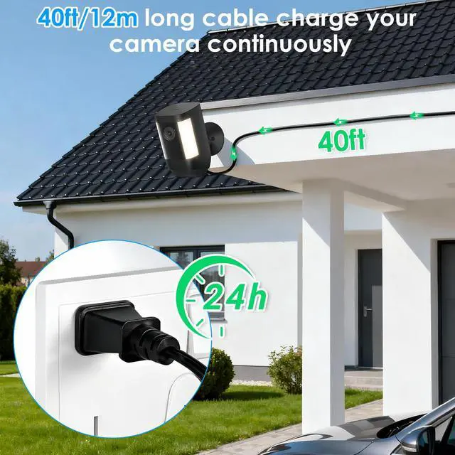 Alt view image 6 of 7 - Weatherproof Power Cord for Ring Outdoor Cam Plus/Ring Spotlight Cam Plus/Pro (Battery), 40Ft USB-C Flat Outdoor Charging Cable Continuously Power Your Camera, Black