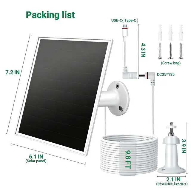 Alt view image 5 of 7 - Solar Panel for Ring Camera, 6W Solar Charger with USB-C & Barrel Plug for Ring Stick Up Cam Plus/Pro & Spotlight Cam Battery Series, Waterproof, 9.8ft Cable, White
