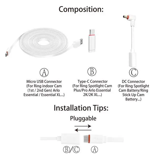Alt view image 3 of 6 - 26FT Power Cord & Adapter for Ring Stick Up Camera, 2 Pack