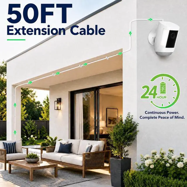 Alt view image 6 of 7 - 50FT Power Adapter for Ring Spotlight Cam Plus/Pro (Battery), Ring Outdoor Cam Plus (Battery) and Outdoor Cam Pro (Plug-in), 20W Long USB C Weather-Resistant Extension Cord, White