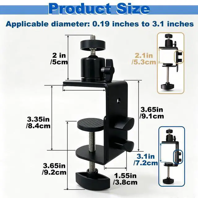 Alt view image 2 of 7 - 2 Pcs C-Clamp Mount with Mini Ball Head Mount, 1/4" Screw Mount Adapter Camera Clamp for Desk/Deck/Branch/Railing, Compatible with Arlo, Wyze, Ring Stick Up Cam and More (Black, 3.1in)