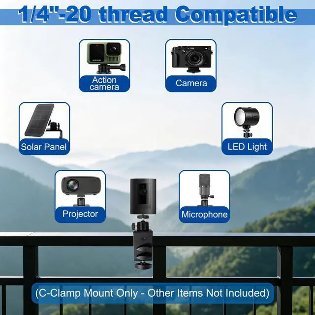 Alt view image 3 of 7 - 2 Pcs C-Clamp Mount with Mini Ball Head Mount, 1/4" Screw Mount Adapter Camera Clamp for Desk/Deck/Branch/Railing, Compatible with Arlo, Wyze, Ring Stick Up Cam and More (Black, 3.1in)