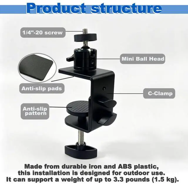 Alt view image 5 of 7 - 2 Pcs C-Clamp Mount with Mini Ball Head Mount, 1/4" Screw Mount Adapter Camera Clamp for Desk/Deck/Branch/Railing, Compatible with Arlo, Wyze, Ring Stick Up Cam and More (Black, 3.1in)