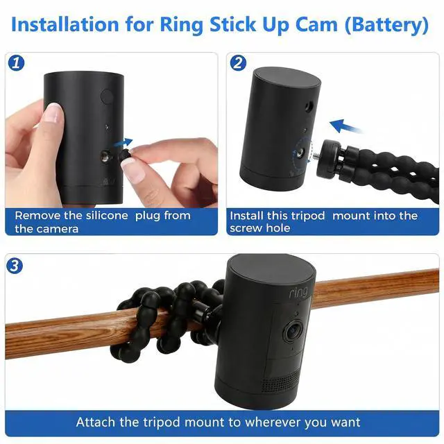 Alt view image 3 of 7 - Flexible Camera Tripod Mount for Ring Spotlight Cam Plus/Pro (Battery), Ring Stick Up Cam (Battery), Twist & Secure, No Drill Adjustable Security Camera Mounting Bracket, Black