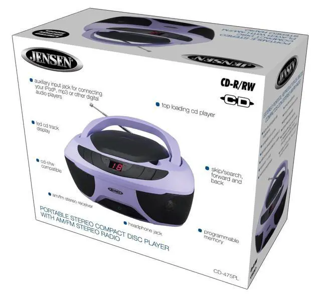 Alt view image 6 of 7 - CD-475 Classic Boom Box Portable CD Player - Home Audio Radio AM-FM, Stereo Speakers Aux Line-in, Headphone Jack - Purple - Limited Edition Color