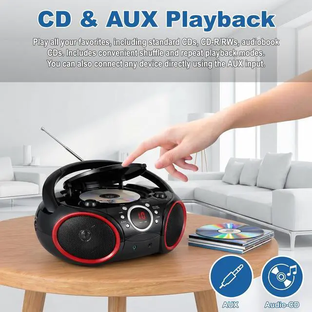 Alt view image 3 of 7 - SBX030C Portable CD Player Boombox, Black with Red Rims