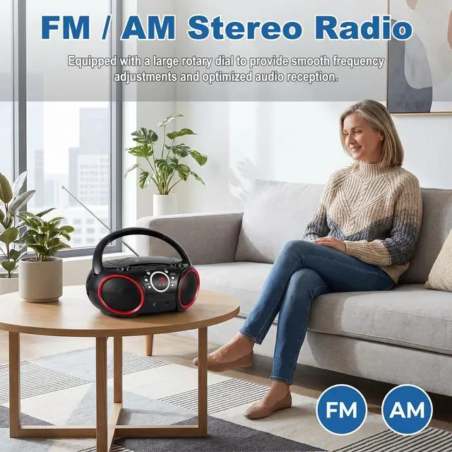 Alt view image 4 of 7 - SBX030C Portable CD Player Boombox, Black with Red Rims