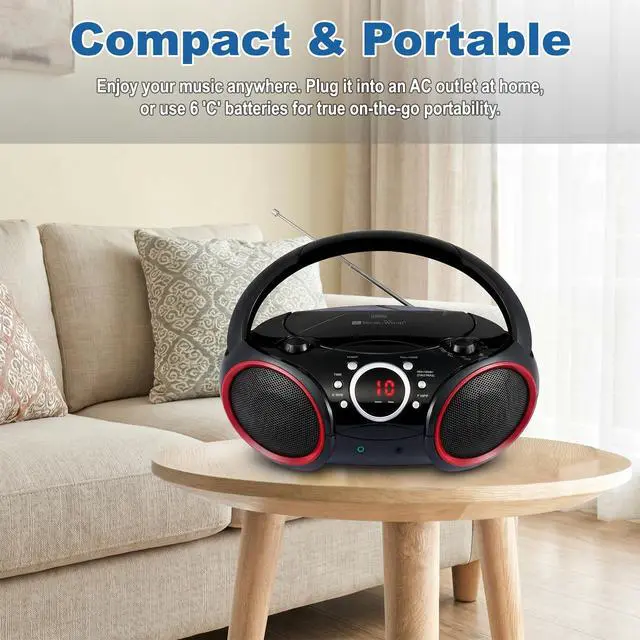 Alt view image 5 of 7 - SBX030C Portable CD Player Boombox, Black with Red Rims