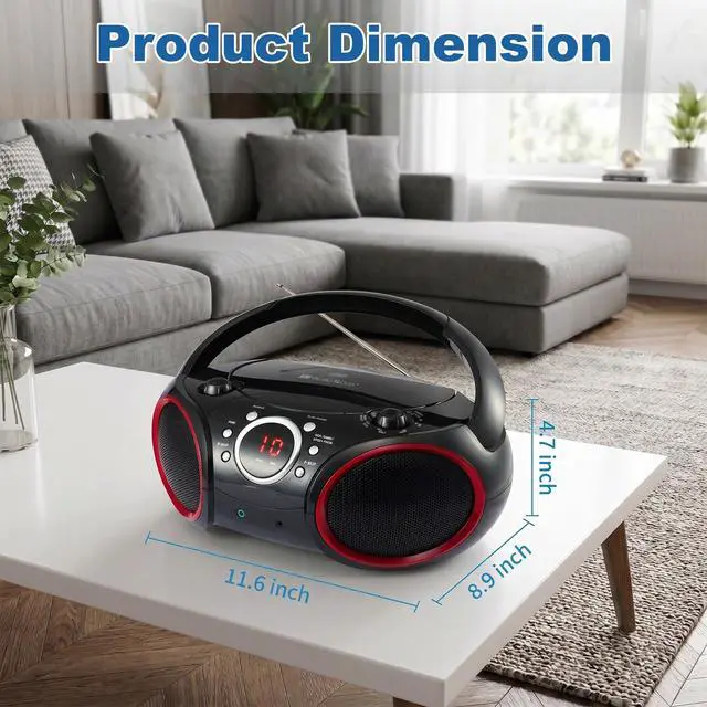 Alt view image 7 of 7 - SBX030C Portable CD Player Boombox, Black with Red Rims
