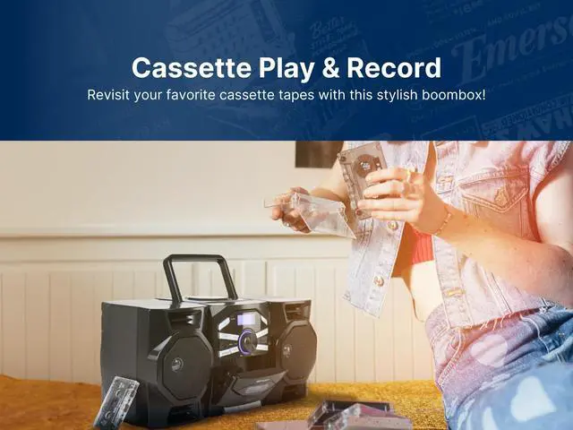 Alt view image 2 of 7 - Portable CD Player Boombox with Cassette Player, Tape Recorder, AM/FM Radio, MP3 AUX Input, Detachable Speakers, AC/DC & Battery Operated Stereo System for Home, Travel, Indoor & Outdoor Use