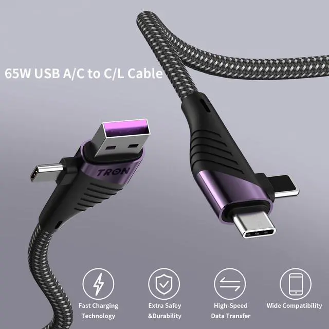 Alt view image 2 of 7 - 4 in 1 Charging Cable (USB-C, L, USB), TR62 Model for Smartphone, Tablet, Personal Computer, Camera,