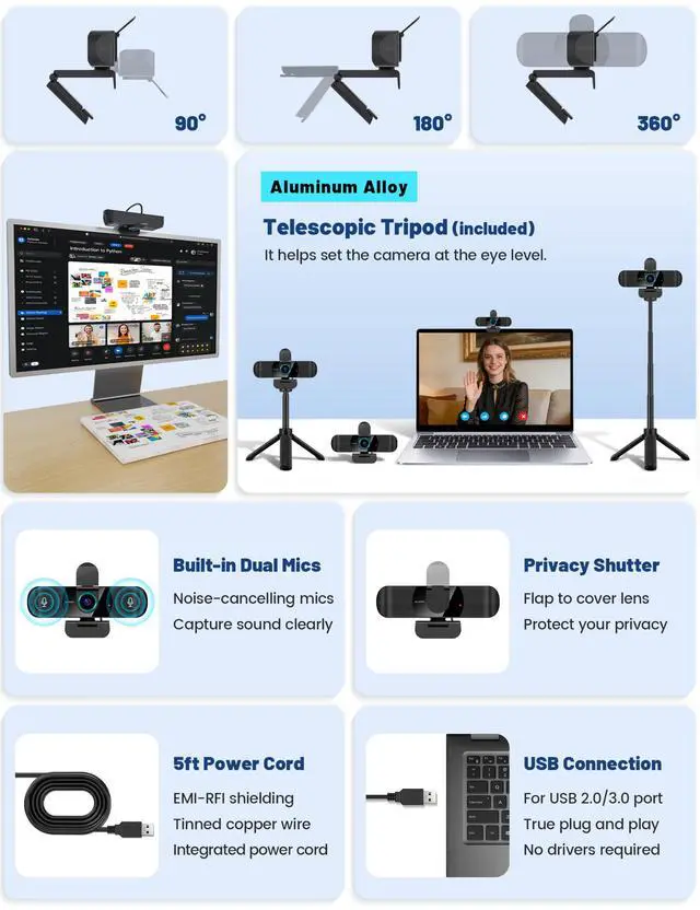 Alt view image 3 of 7 - Pro HD 1080p/30fps Webcam with Tripod, External USB Camera for PC/Laptop