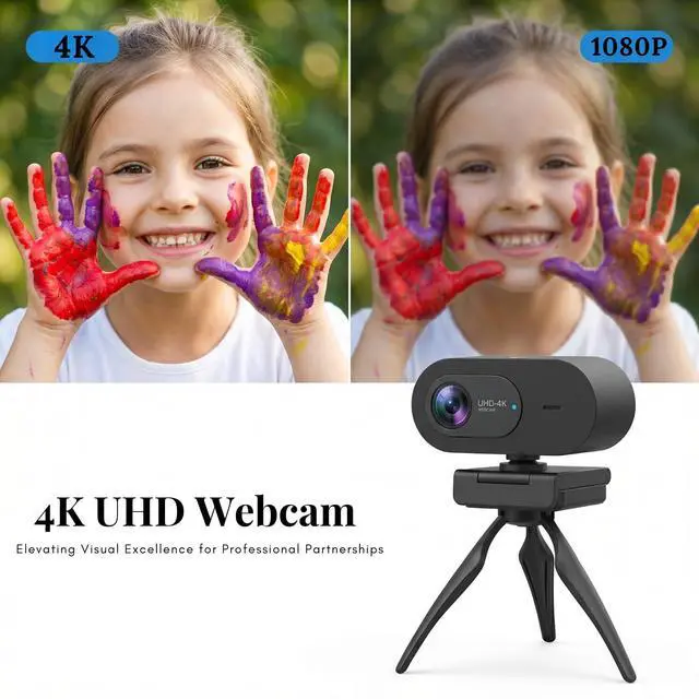 Alt view image 2 of 7 - 4K Webcam with Microphone, UHD Ultra-HD Computer Camera with Privacy Cover & Noise-Canceling Mic, 100° Wide Angle, USB Plug & Play Pro Desktop Web Cam for Zoom, Skype, Teams, Streaming