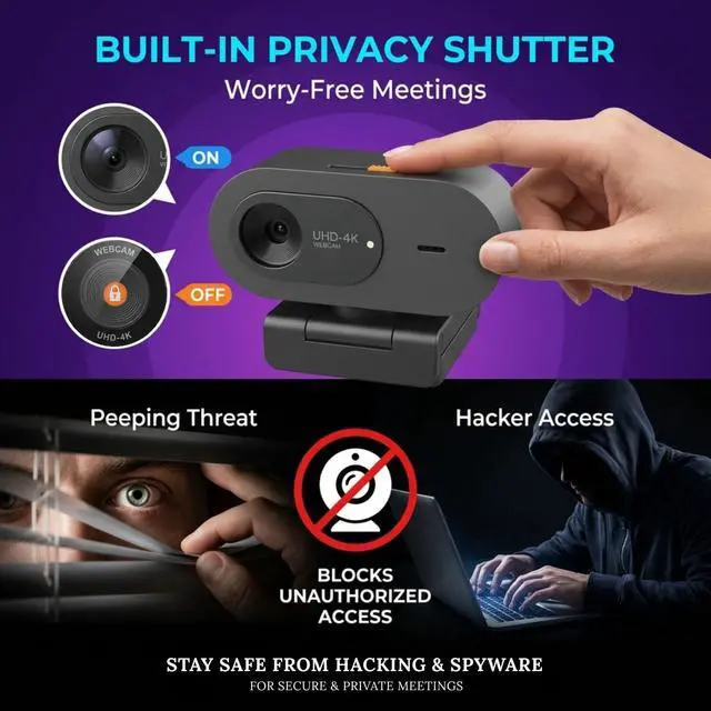 Alt view image 5 of 7 - 4K Webcam with Microphone, UHD Ultra-HD Computer Camera with Privacy Cover & Noise-Canceling Mic, 100° Wide Angle, USB Plug & Play Pro Desktop Web Cam for Zoom, Skype, Teams, Streaming