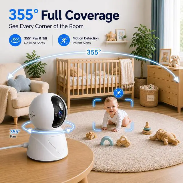 Alt view image 2 of 7 - 2K Indoor Security Camera, 5GHz Baby Monitor for Home, Pan Tilt