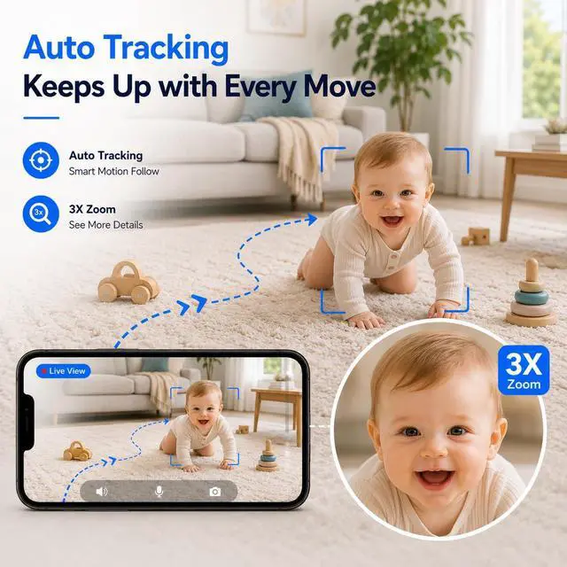 Alt view image 4 of 7 - 2K Indoor Security Camera, 5GHz Baby Monitor for Home, Pan Tilt