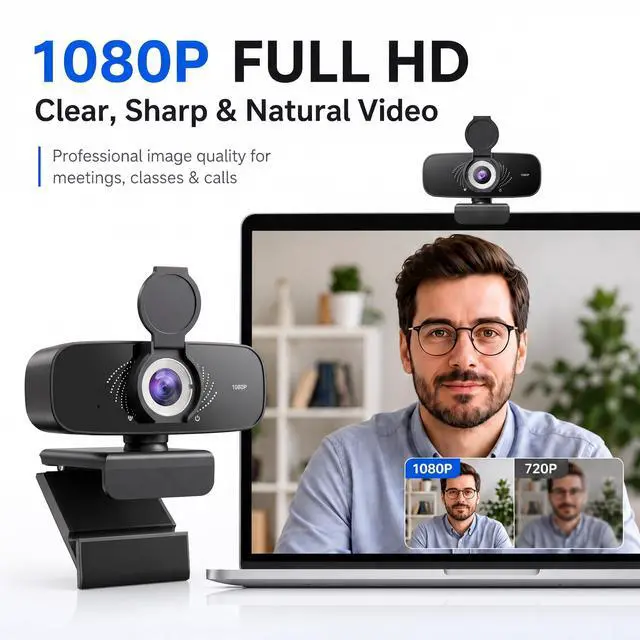 Alt view image 2 of 7 - 1080P Webcam with Microphone, Privacy Cover & USB-C Adapter