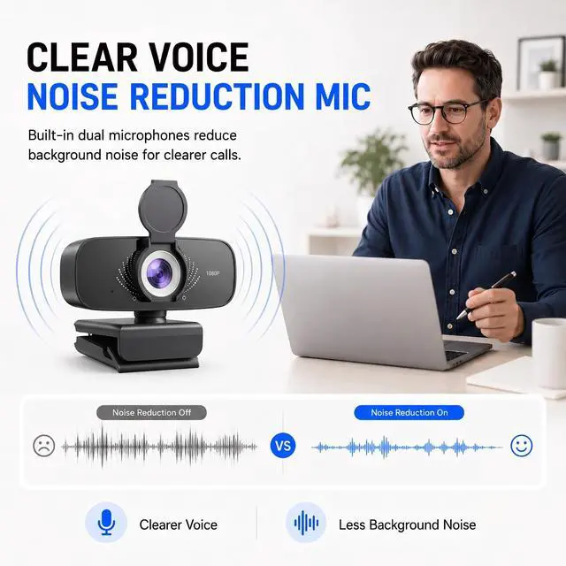 Alt view image 3 of 7 - 1080P Webcam with Microphone, Privacy Cover & USB-C Adapter