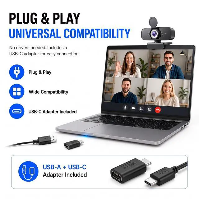 Alt view image 6 of 7 - 1080P Webcam with Microphone, Privacy Cover & USB-C Adapter
