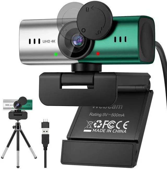 Main image of Webcam for PC, 4K Streaming Camera, Web Camera for Desktop/Laptop Computer Webcam with Microphone, Plug and Play USB Web Cam, Aluminum alloy casing, for Live Streaming, Video Calls (Silver green)