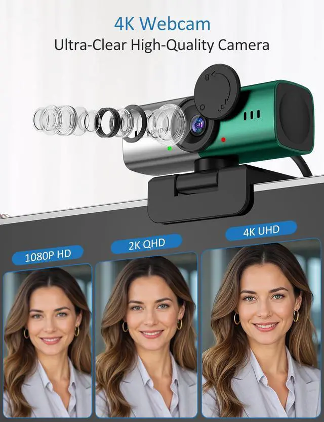 Alt view image 2 of 7 - Webcam for PC, 4K Streaming Camera, Web Camera for Desktop/Laptop Computer Webcam with Microphone, Plug and Play USB Web Cam, Aluminum alloy casing, for Live Streaming, Video Calls (Silver green)