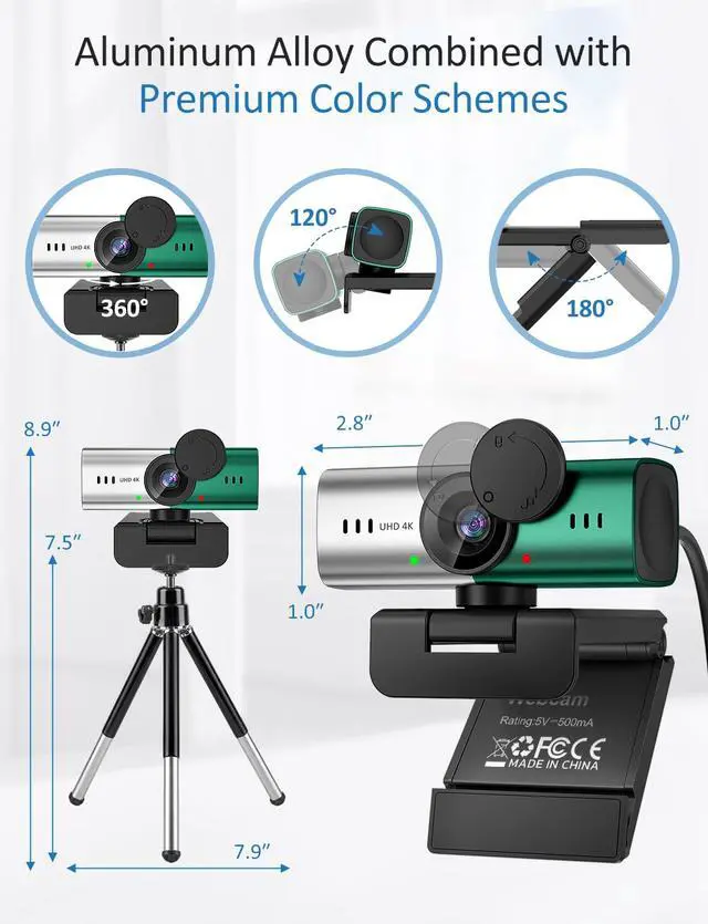 Alt view image 6 of 7 - Webcam for PC, 4K Streaming Camera, Web Camera for Desktop/Laptop Computer Webcam with Microphone, Plug and Play USB Web Cam, Aluminum alloy casing, for Live Streaming, Video Calls (Silver green)