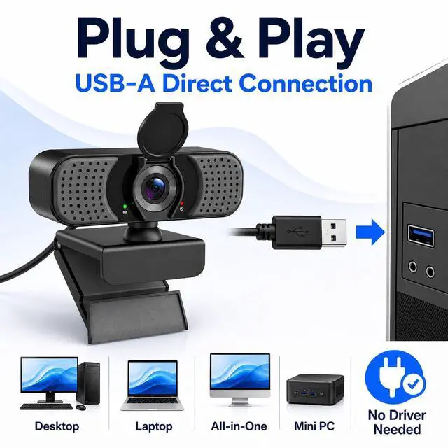 Alt view image 6 of 7 - 1080P Webcam with Microphone, USB Camera for PC and Laptop, Privacy Cover