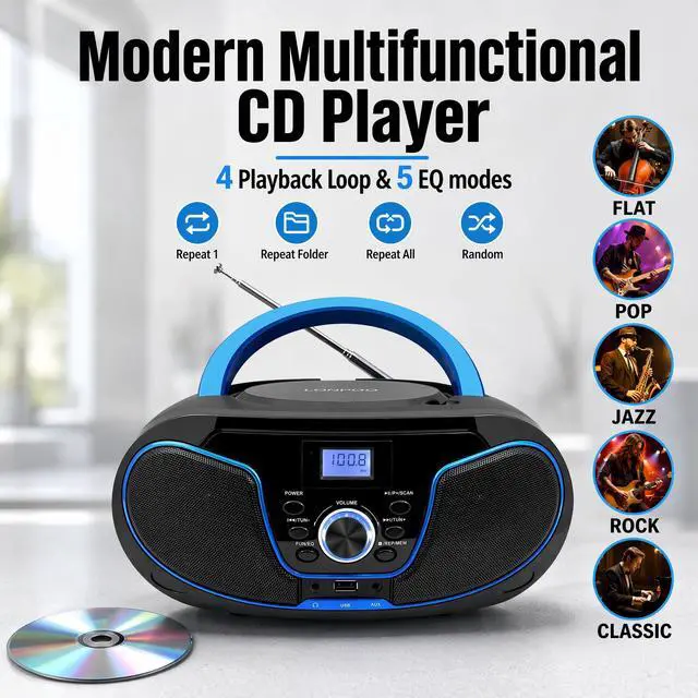 Alt view image 3 of 7 - LP-D02 Portable CD Player Boombox Bluetooth, Crystal-Clear Sound