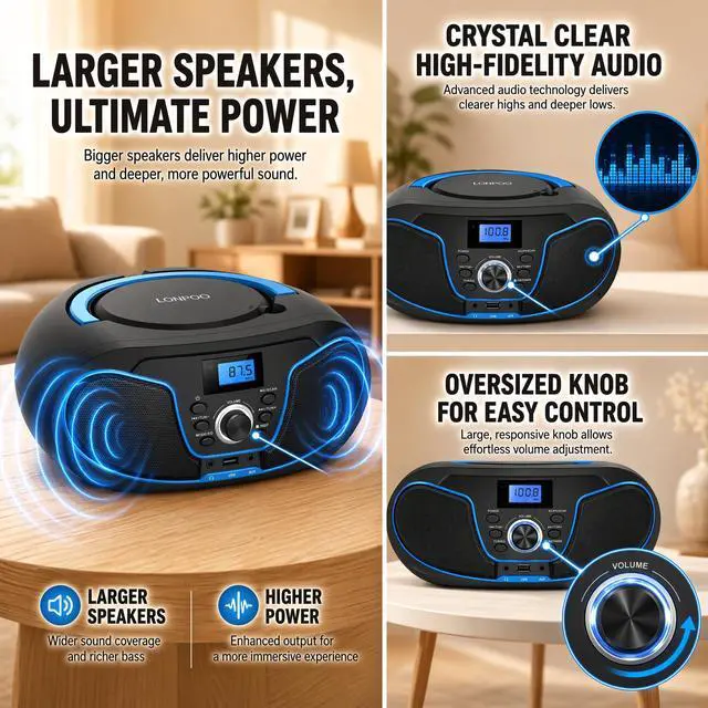Alt view image 5 of 7 - LP-D02 Portable CD Player Boombox Bluetooth, Crystal-Clear Sound